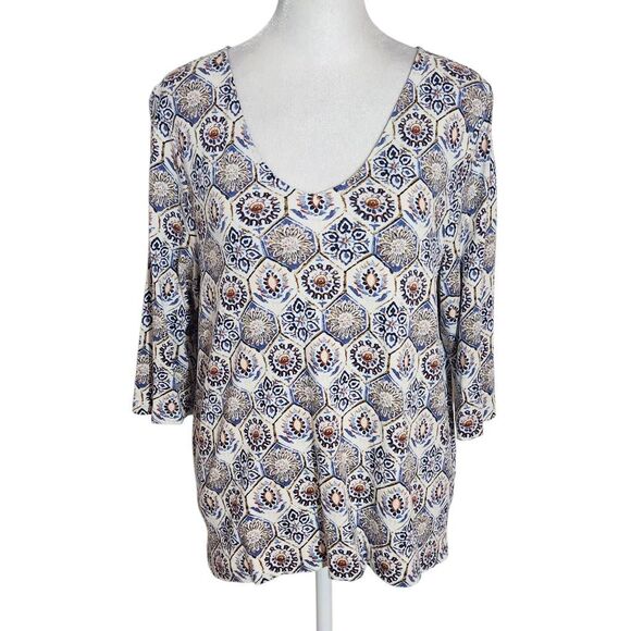J. Jill Geometric Floral Print Tee Size Large Petite Blue and Red Print Top - Picture 1 of 7